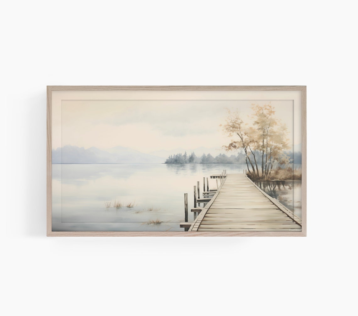 Serene Wooden Dock on Calm Misty Lake Watercolor Landscape Poster
