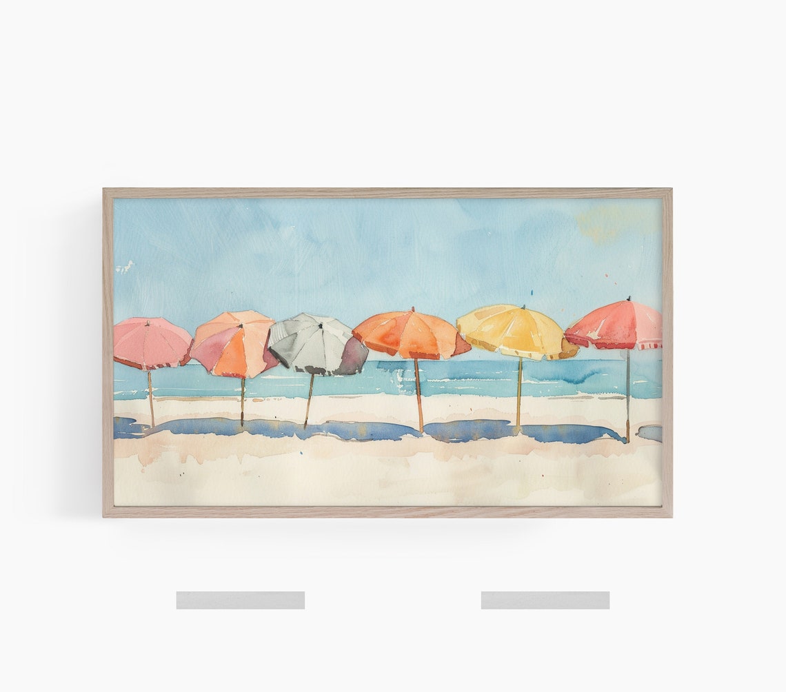 Six Colorful Beach Umbrellas Row Watercolor Seaside Art Poster