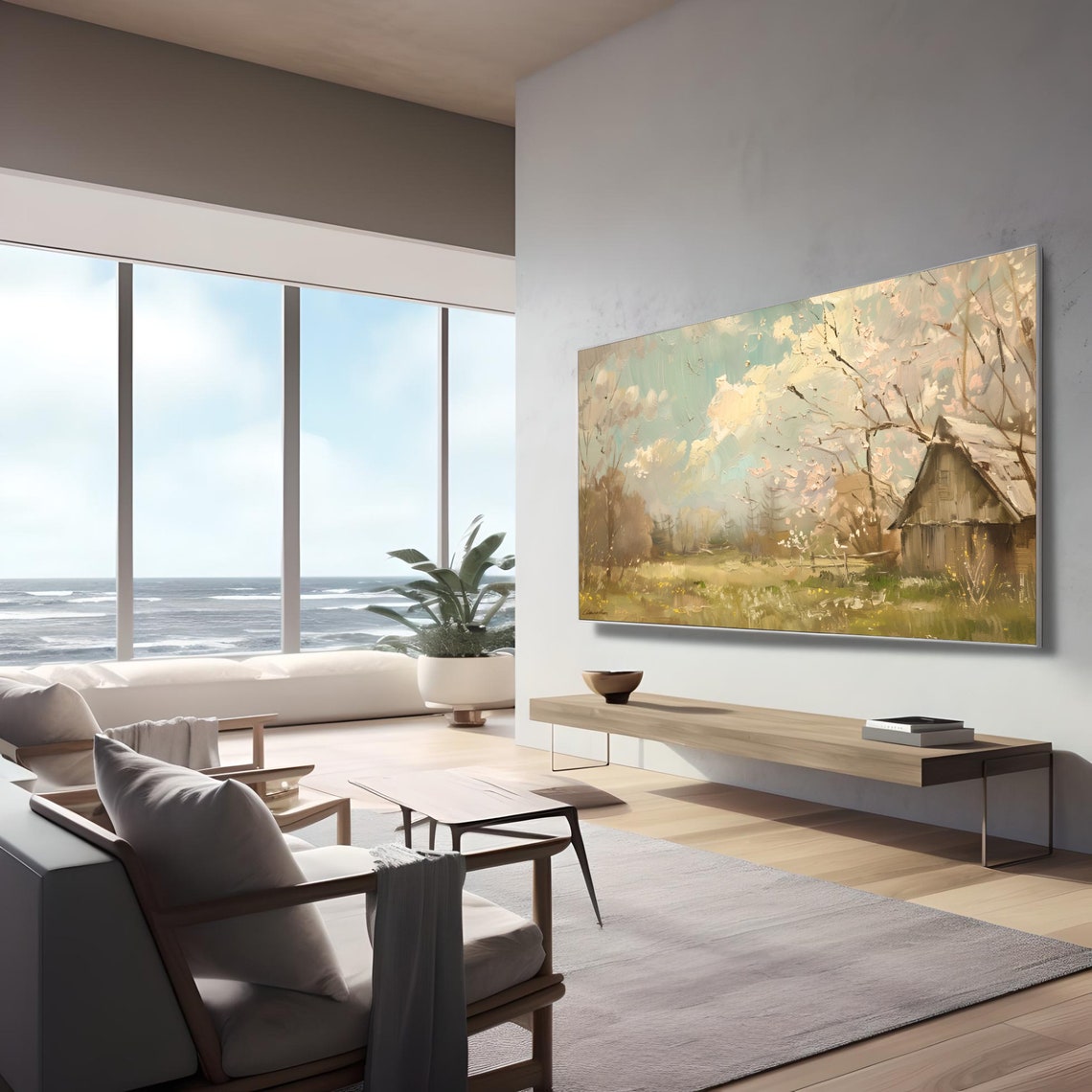 Spring Barn Blossom Trees Impressionist Country Meadow Wall Art - Image 2