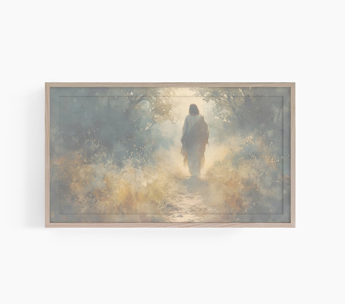 Jesus Walking Away into Golden Forest Light Christian Art Poster