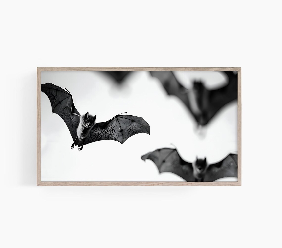 Flying Bats Black And White Spooky Halloween Night Gothic Wildlife Wall Art