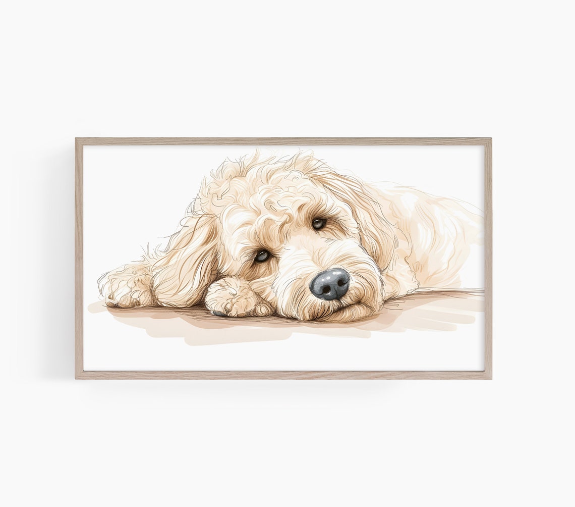 Adorable Cream Golden Doodle Dog Resting Watercolor Sketch Poster