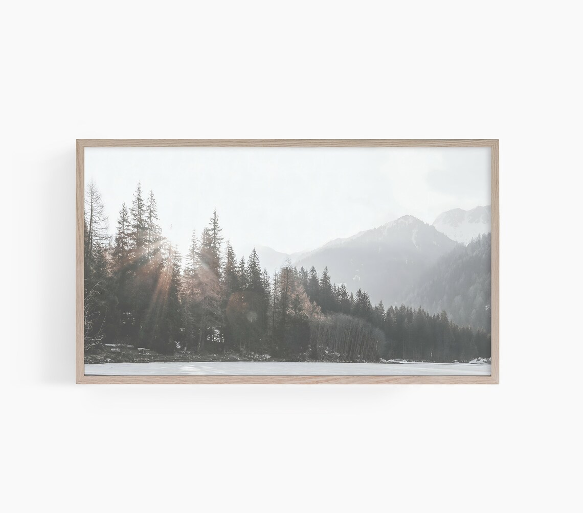 Nature Misty Pine Forest Sunbeam Mountain Lake Dreamy Photo Poster
