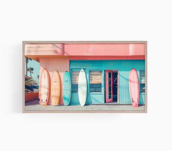 Pastel Surf Shop Colorful Surfboards Retro Beach Vibe Art Poster