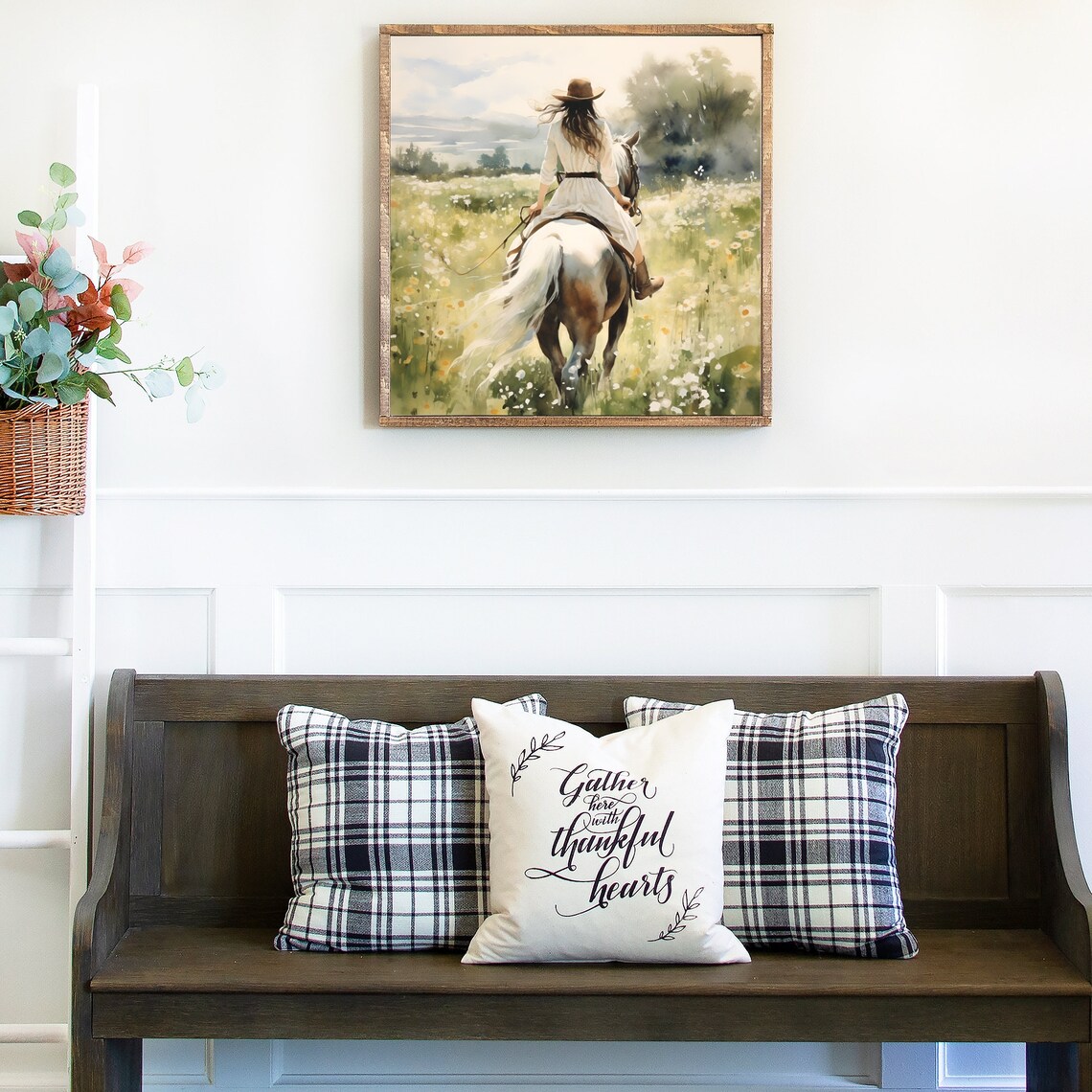 Cowgirl In White Dress Riding White Horse Meadow Watercolor Wall Art - Image 2