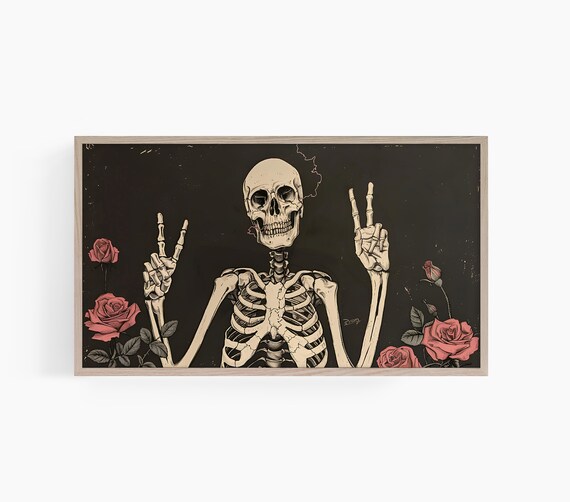 Skeleton Flashing Peace Signs Red Roses Gothic Halloween Dark Art Poster