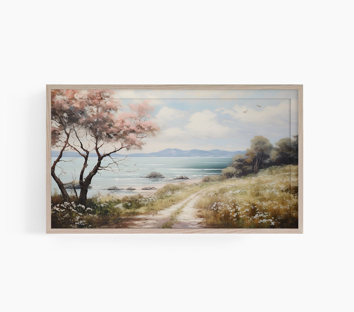 Coastal Path To The Sea Blooming Trees Mountain View Seascape Poster