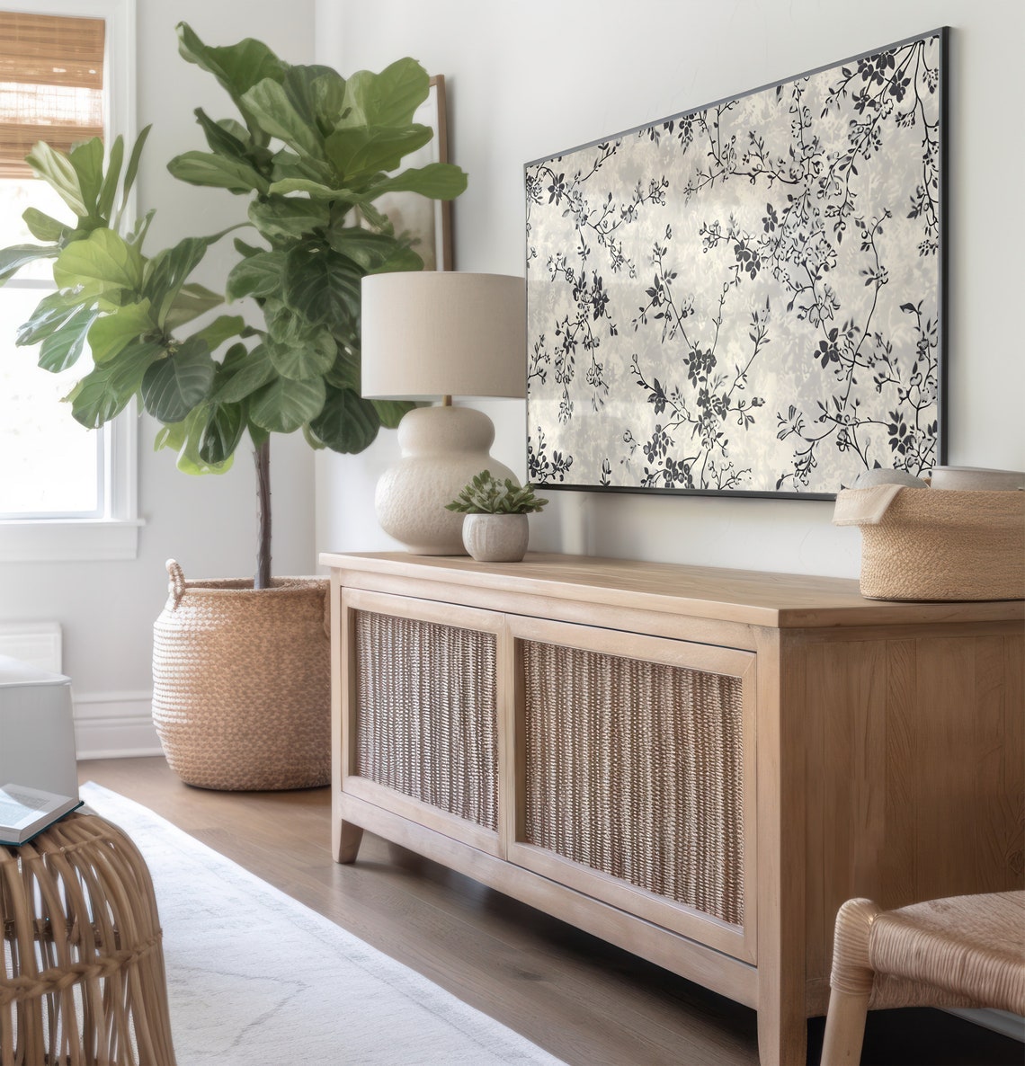 Black Botanical Floral Branch Cream Textile Pattern Elegant Art Poster - Image 2
