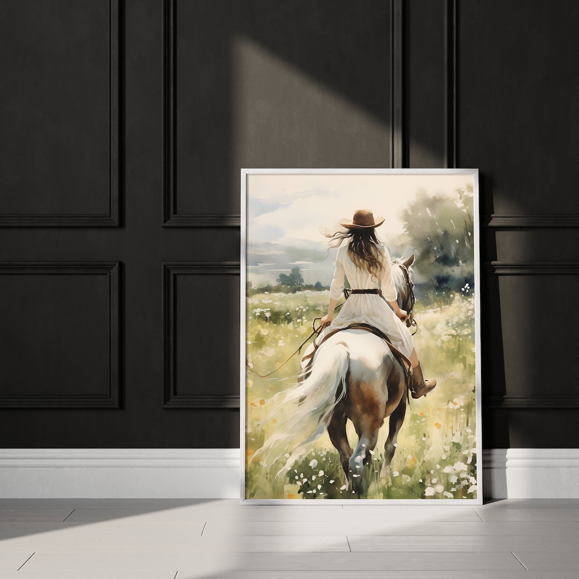 Cowgirl In White Dress Riding White Horse Meadow Watercolor Wall Art