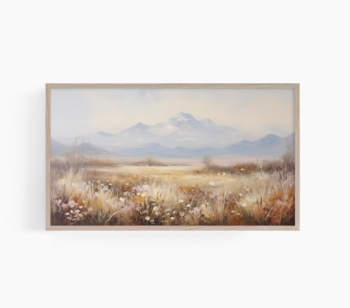Soft Meadow Wildflowers Snowy Mountain Distant Beige Landscape Poster