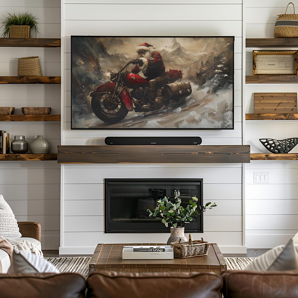 Santa Claus Riding Red Motorcycle Snowy Mountain Painting Poster - Image 3