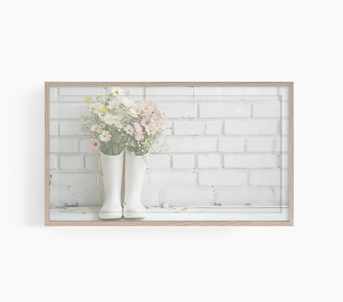 White Rain Boots Wildflower Bouquet Brick Wall Spring Decor Poster