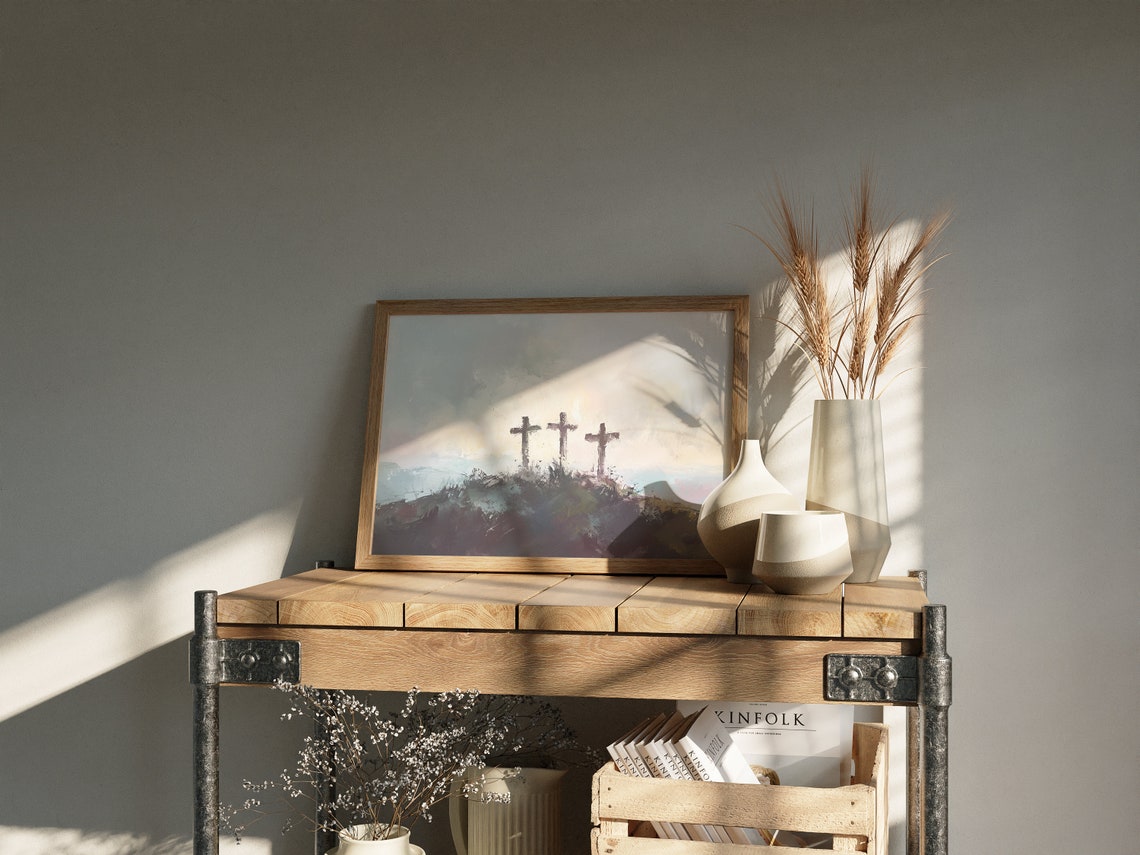 Three Crosses on Hill Painterly Sky Soft Christian Faith Poster - Image 3