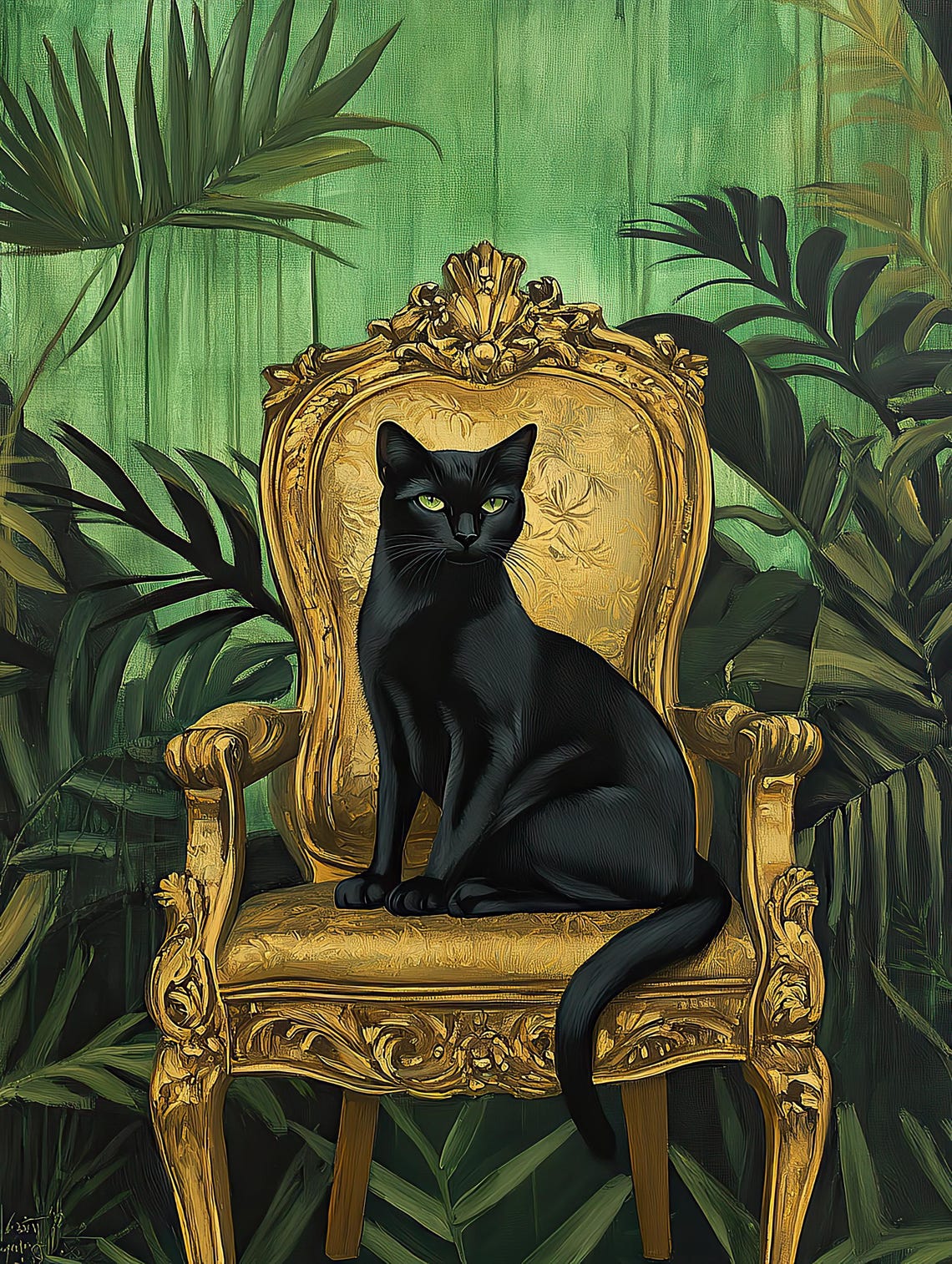 Black Cat on Ornate Gold Throne Chair Tropical Leaf Art Poster - Image 4