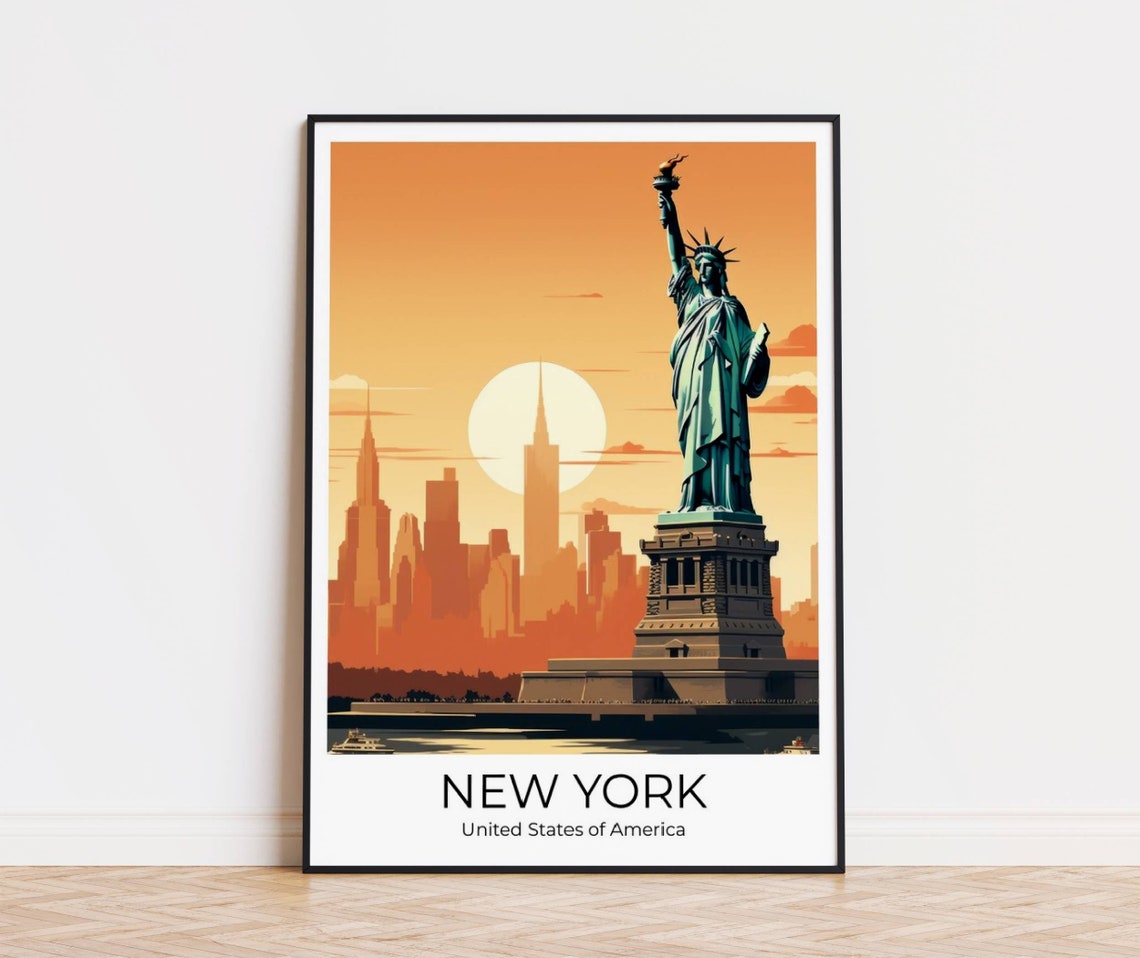 New York City Print Manhattan Travel Poster Statue Of Liberty Print New York Gift New York Travel Souvenir Manhattan Skyline Gift