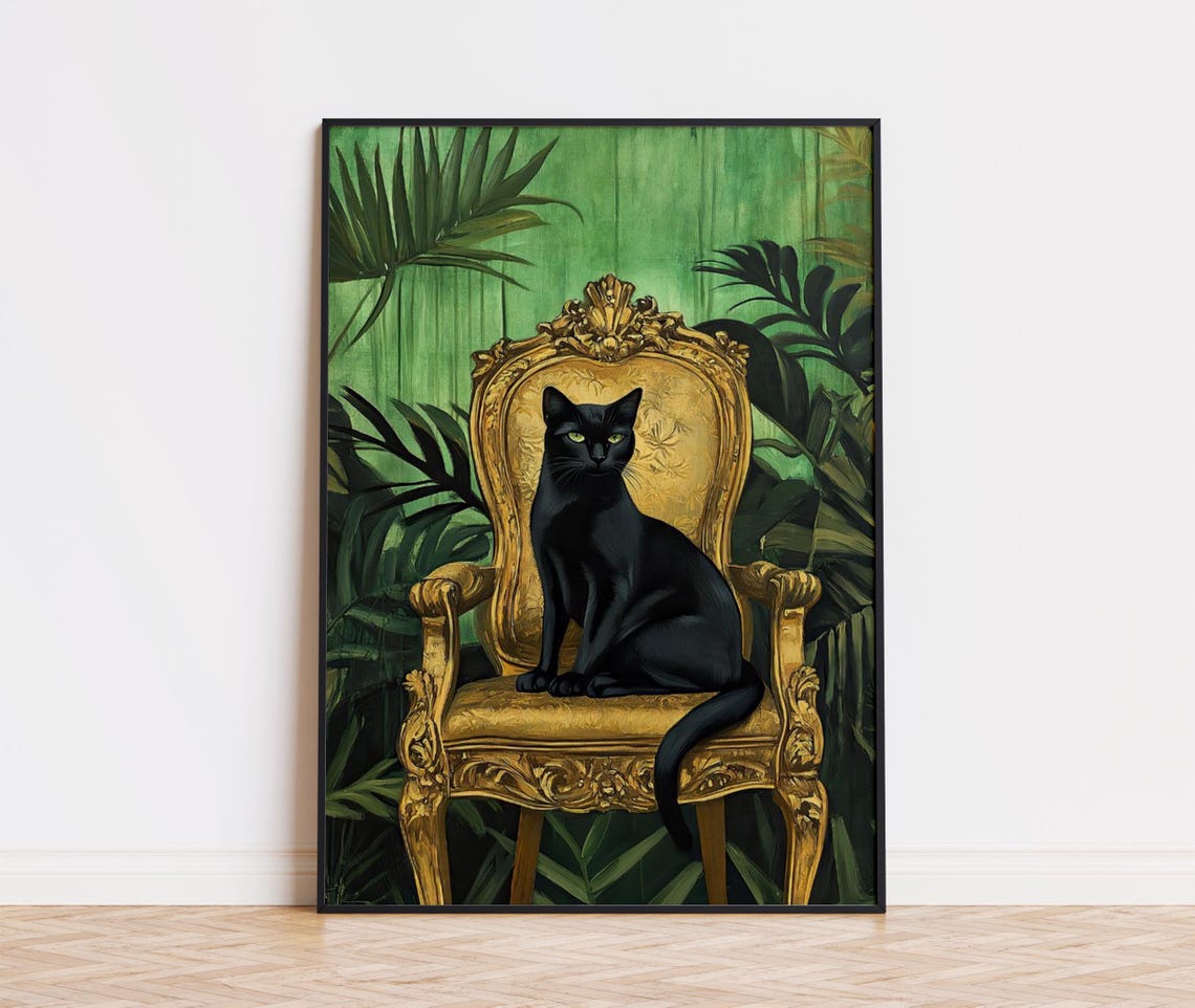 Black Cat on Ornate Gold Throne Chair Tropical Leaf Art Poster