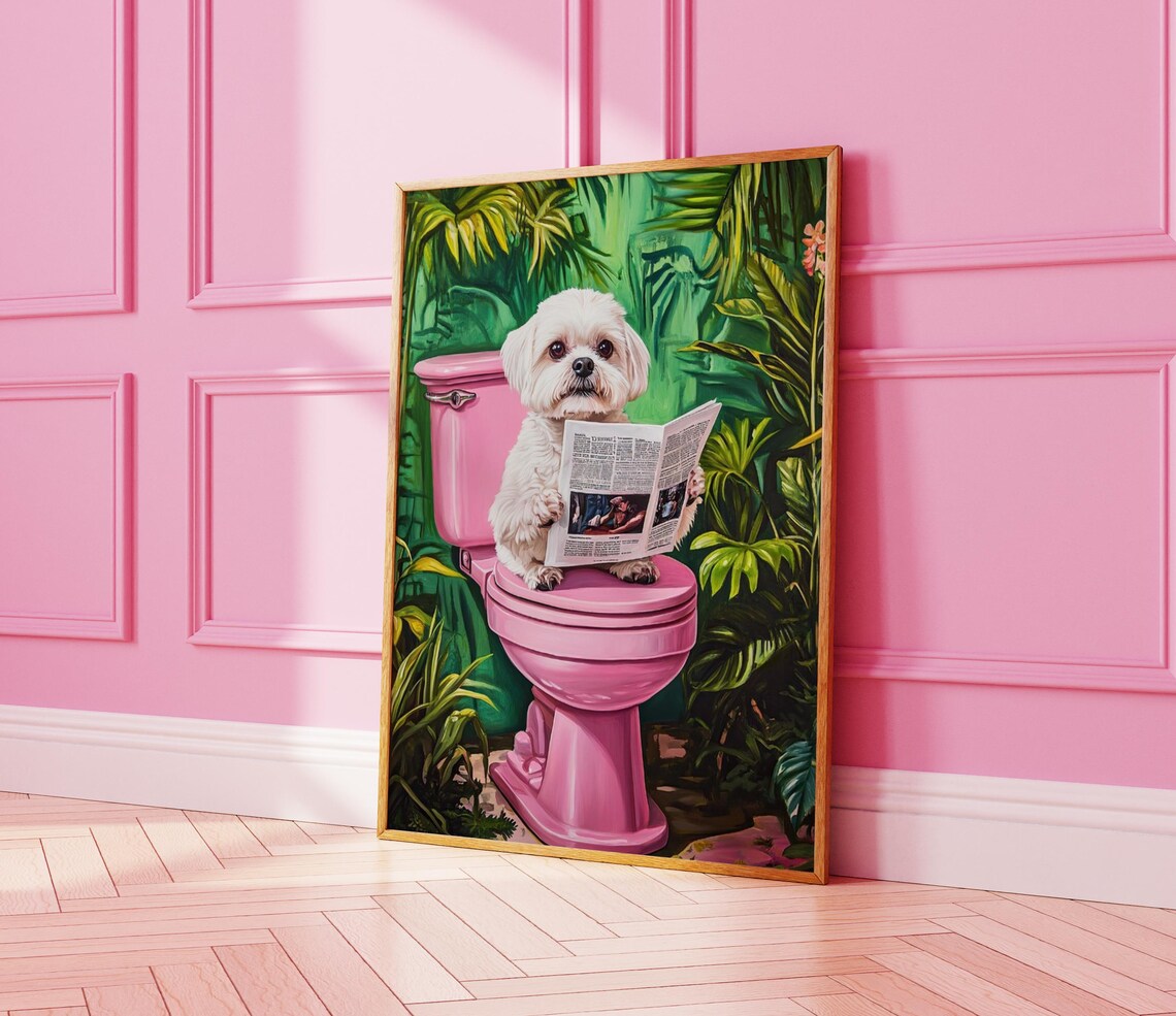 Maltese Dog Reading Newspaper on Pink Toilet Funny Bathroom Poster - Image 4