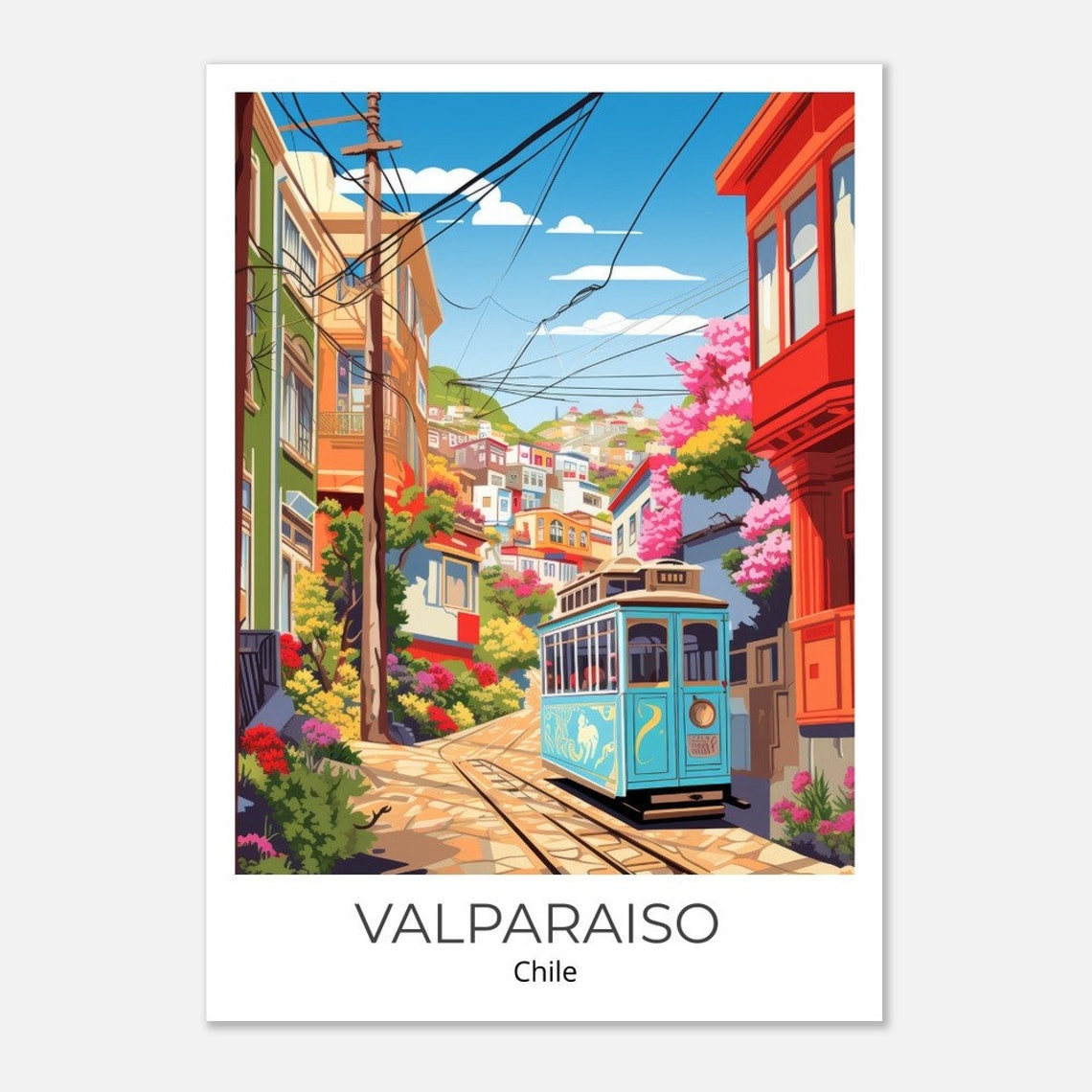 Valparaiso Chile Colorful Street Blue Tram Watercolor Poster - Image 4