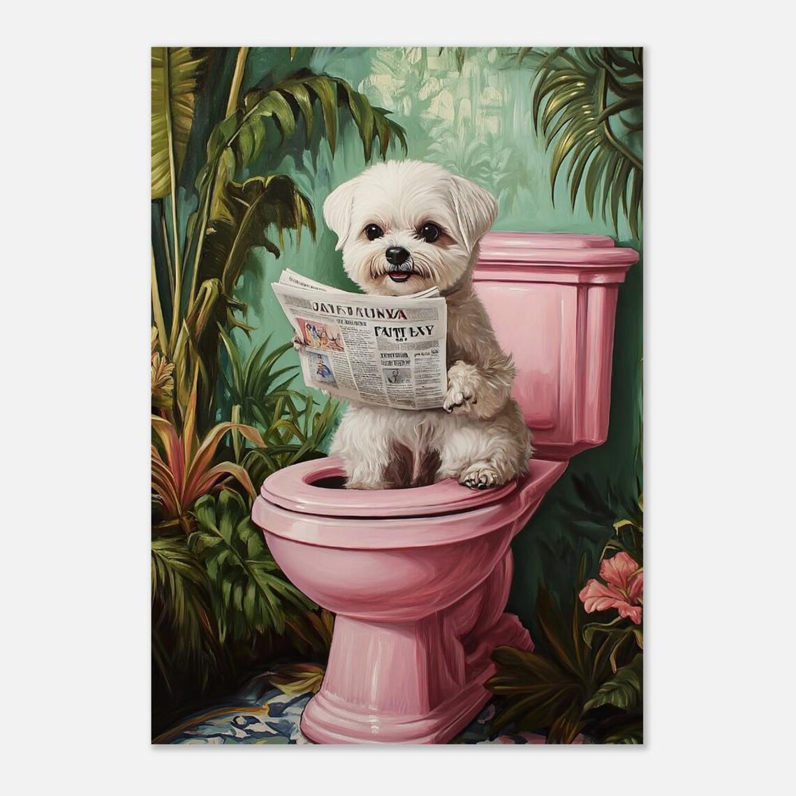 Maltese Dog Smiling with Newspaper on Pink Toilet Humor Poster - Image 2