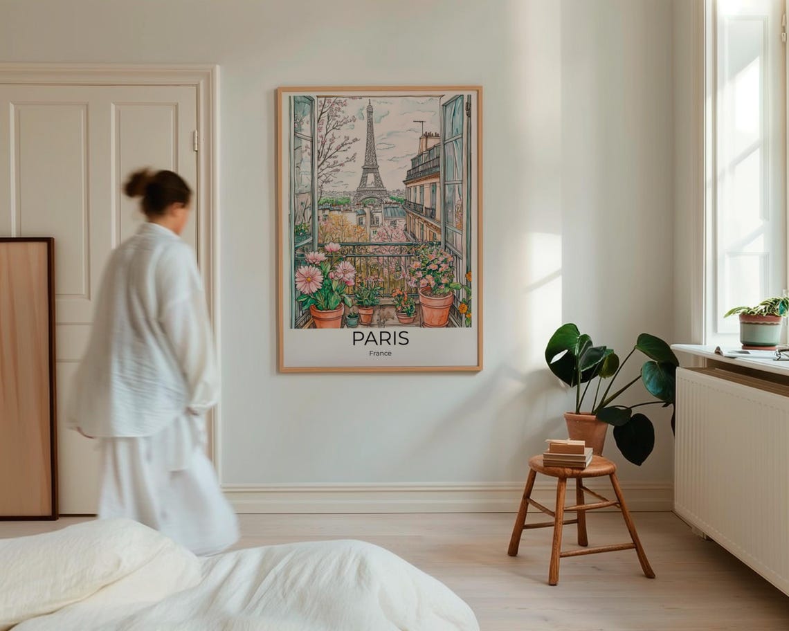 Paris Eiffel Tower Balcony Flower View French City Watercolor Poster - Image 2