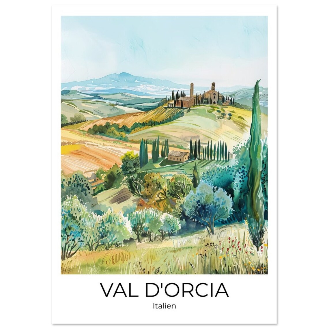 Val d'Orcia Watercolor Olive Groves Farmhouse Tuscany Italy Poster - Image 3
