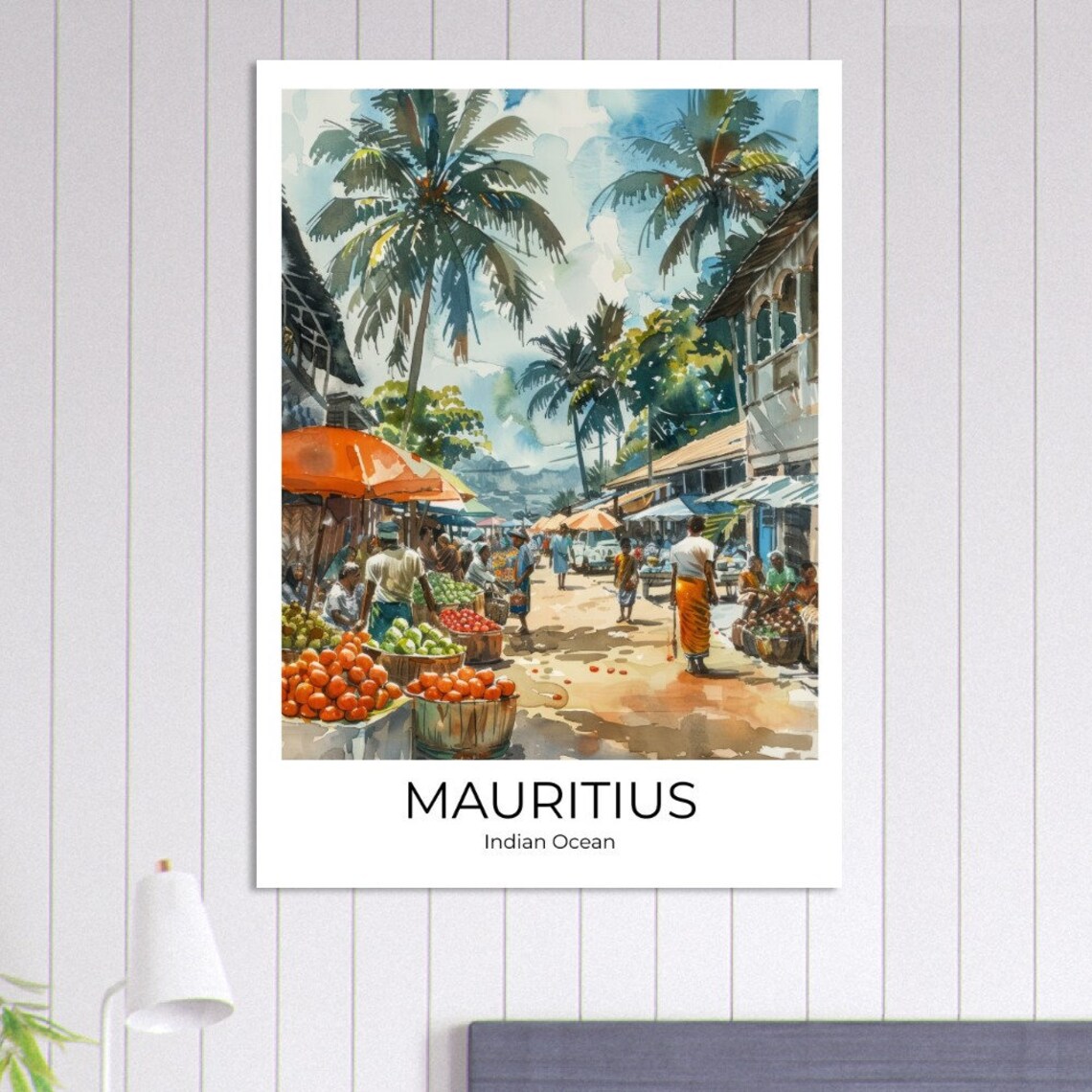 Mauritius Indian Ocean Street Market Palm Watercolor Travel Poster - Image 3