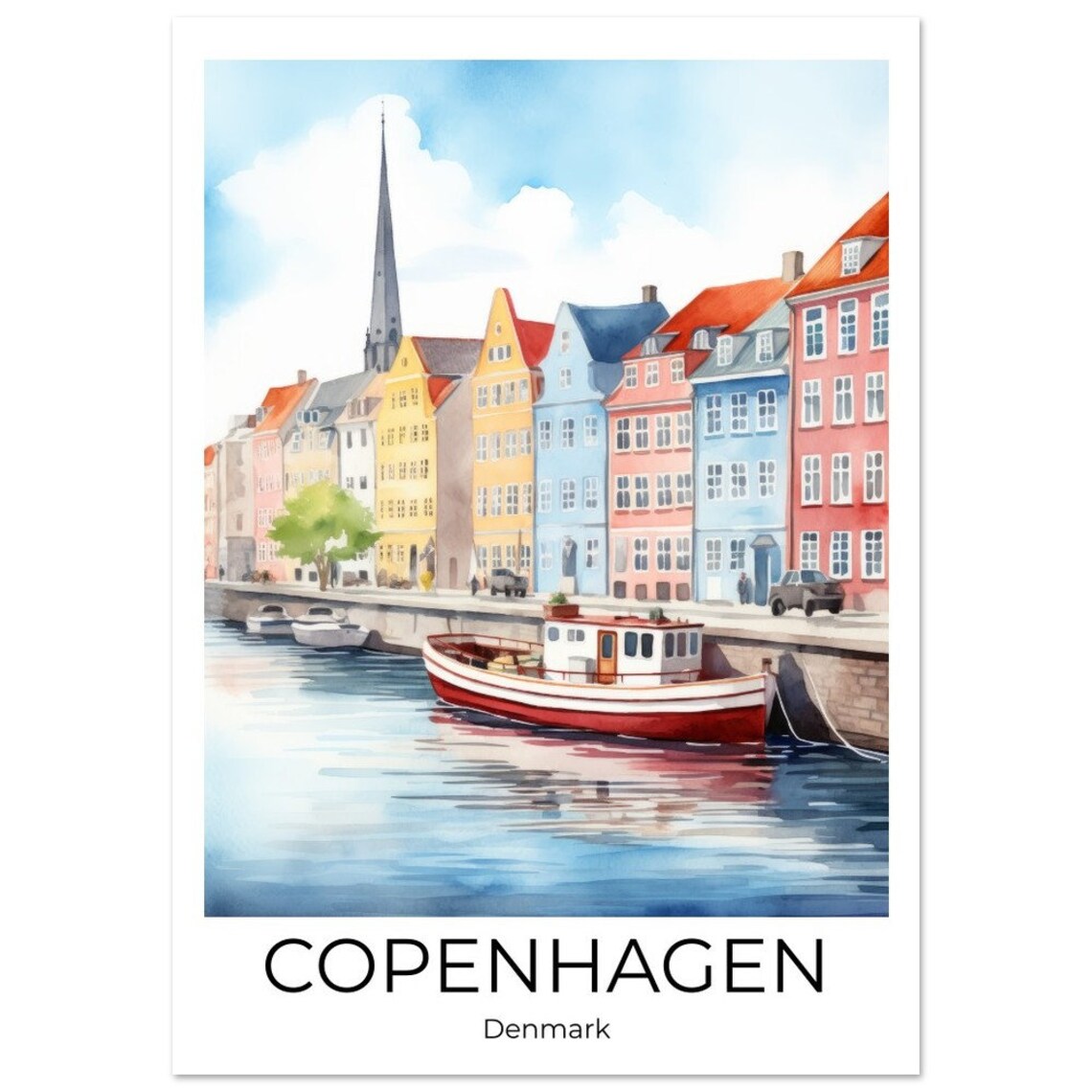 Copenhagen Denmark Watercolor Harbor Boat Cityscape Travel Poster - Image 3