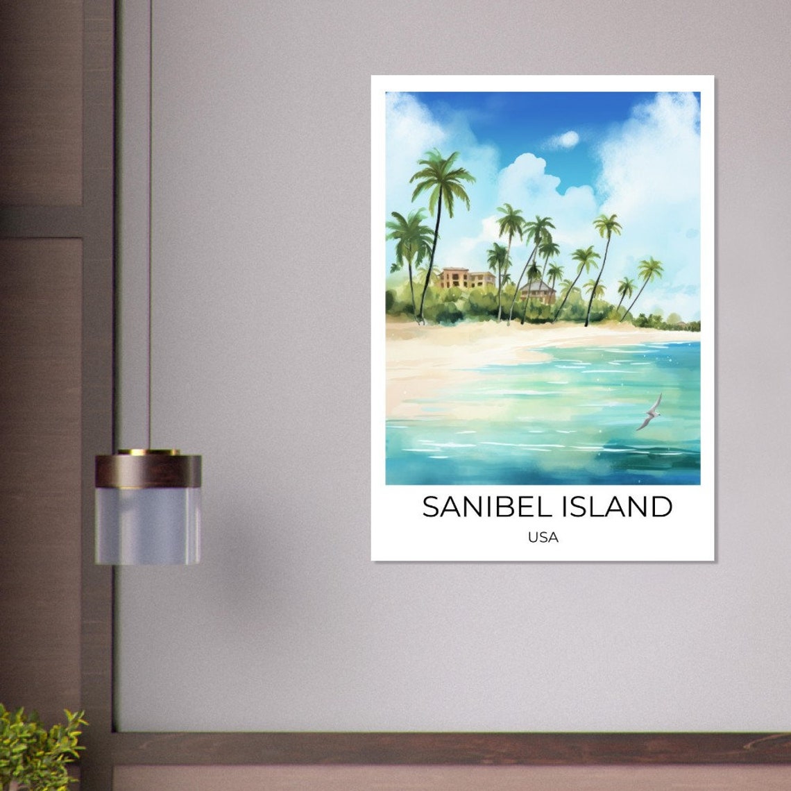 Sanibel Island Watercolor Beach Palm Trees Florida Travel Poster - Image 4