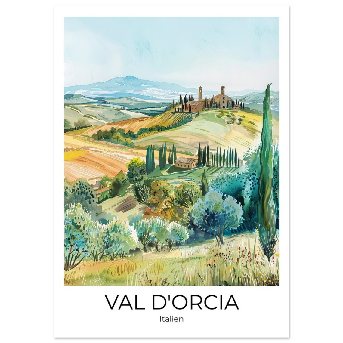 Val d'Orcia Watercolor Olive Groves Farmhouse Tuscany Italy Poster