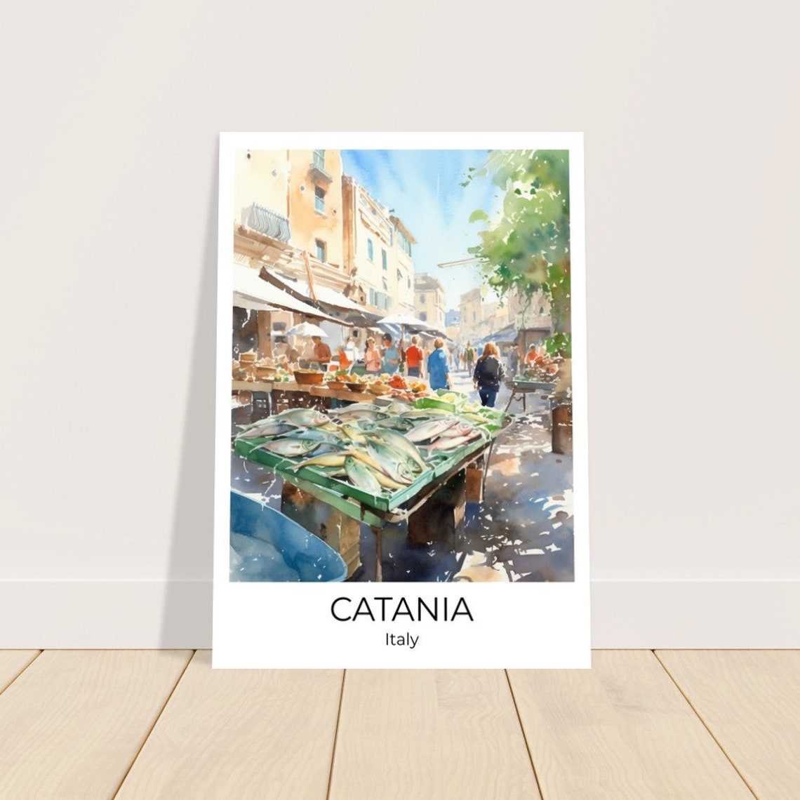 Catania Italy Bustling Fish Market Stall Watercolor Scene Poster