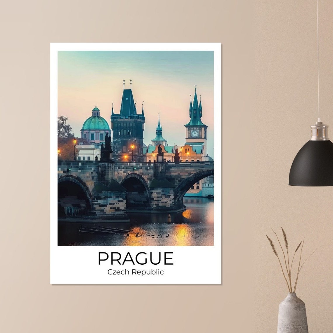 Prague Czech Republic Charles Bridge Dusk Lights River Poster - Image 2