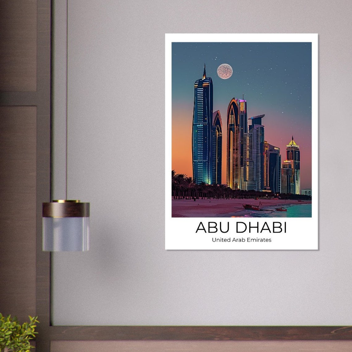 Abu Dhabi Skyline at Moonrise Over the Sandy Beach Travel Poster - Image 4
