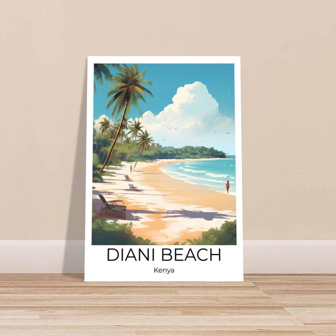 Diani Beach Kenya Palm Framed Shoreline and Sun Loungers Poster - Image 3
