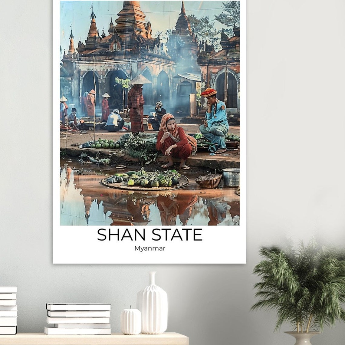 Shan State Myanmar Floating Market Temple Vendors Scene Poster - Image 4