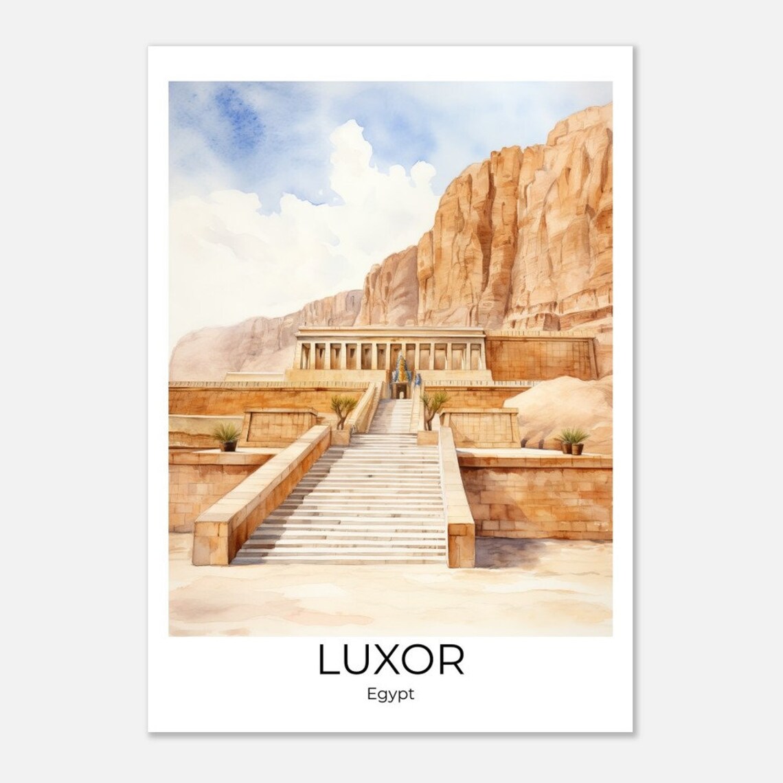 Luxor Egypt Hatshepsut Temple Desert Cliffs Watercolor Travel Poster - Image 3