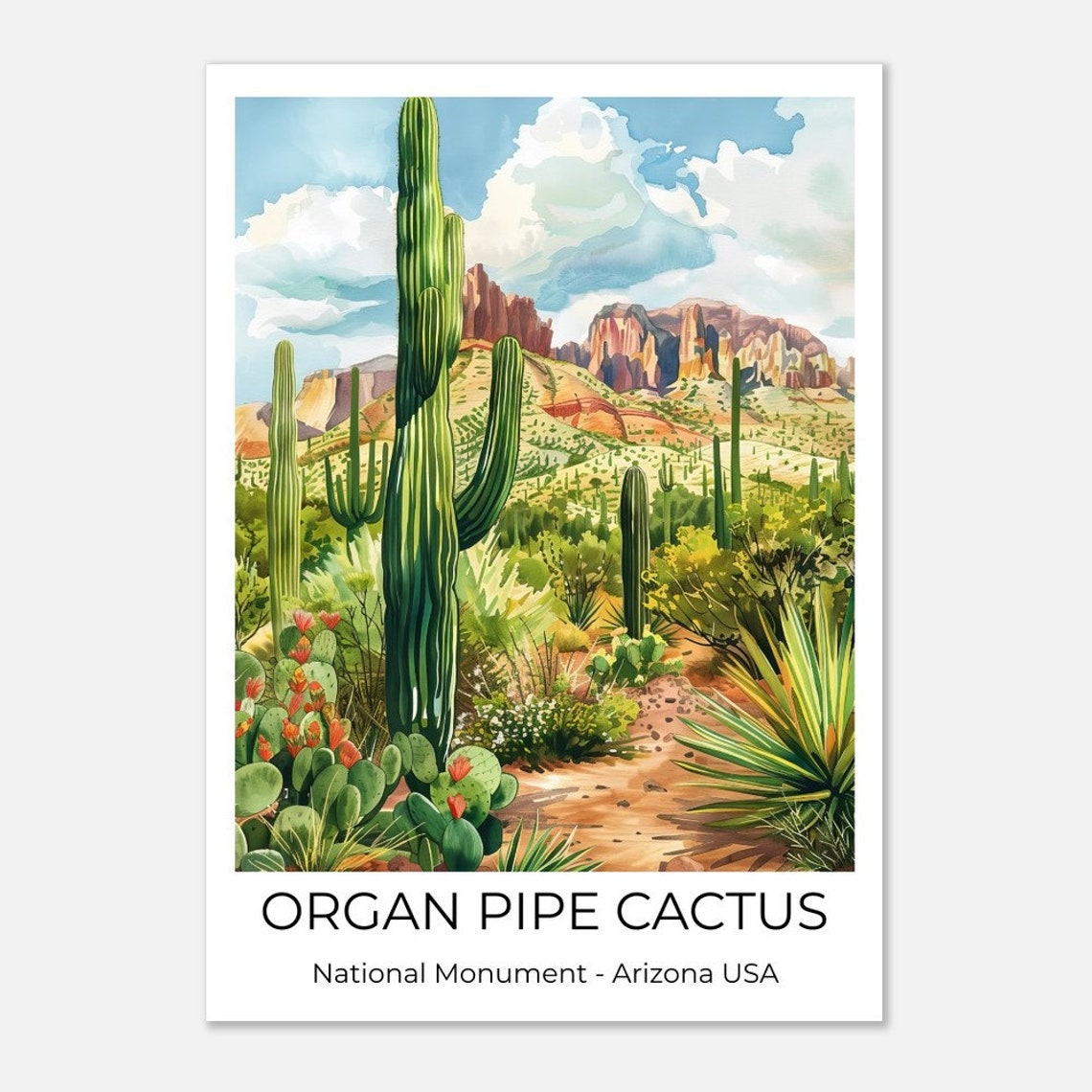Organ Pipe National Monument National Park Usa Watercolor Travel Poster Organ Pipe Wall Art Arizona Travel Print Arizona Wall Decoration