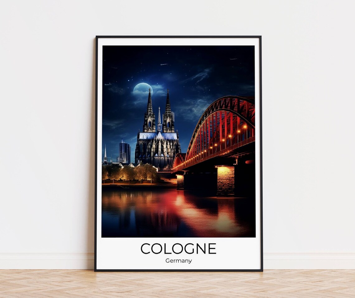 Cologne Cathedral Night Rhine Bridge Moon Germany Travel Poster