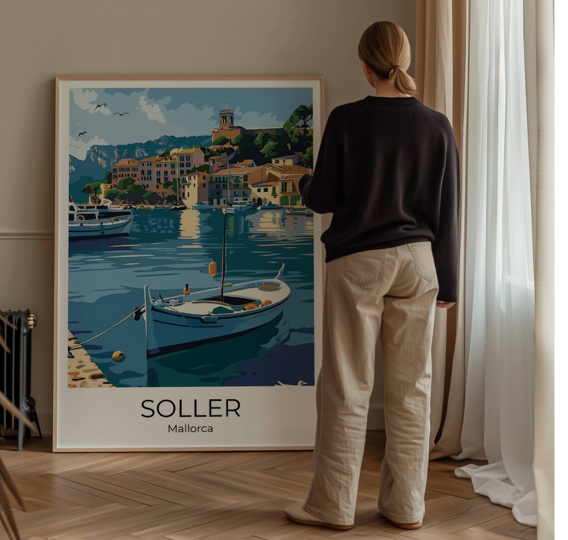 Soller Mallorca Harbor White Fishing Boat Church Hill Travel Poster - Image 3