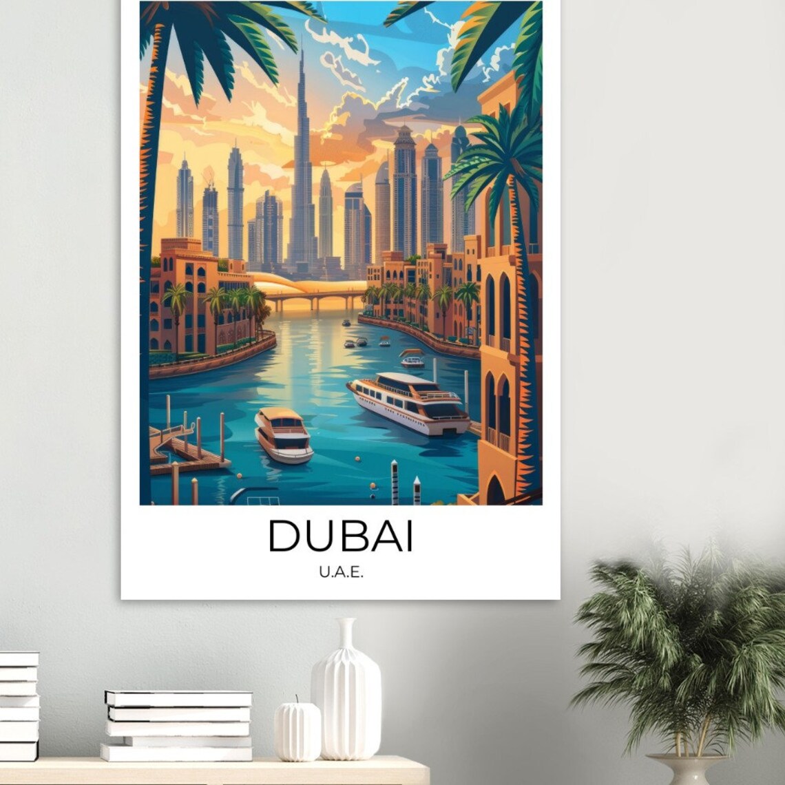 Dubai UAE Burj Khalifa Marina Boats Palm Illustration Travel Poster - Image 3