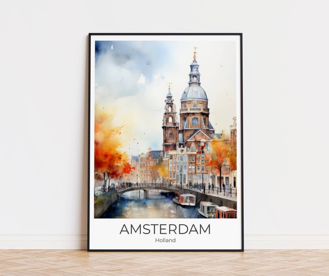 Amsterdam Holland Autumn Canal Bridge Church Watercolor Poster