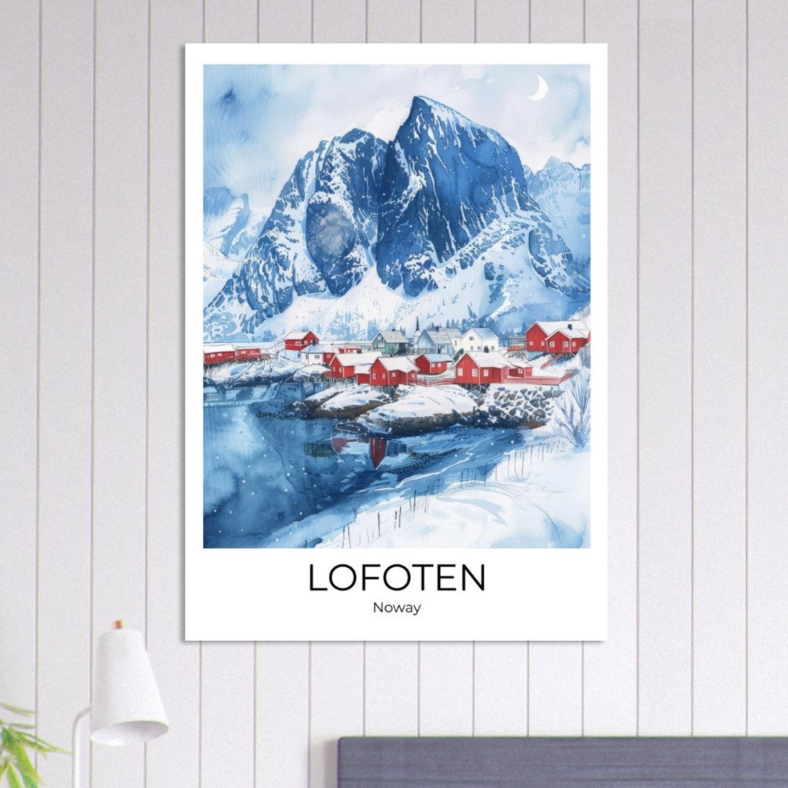 Lofoten Norway Red Cabins Snowy Peaks Moonlit Watercolor Poster - Image 3