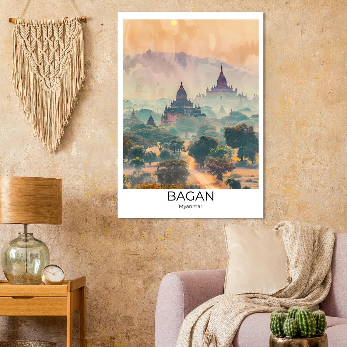 Bagan Myanmar Watercolor Temples Sunrise Golden Light Poster - Image 4