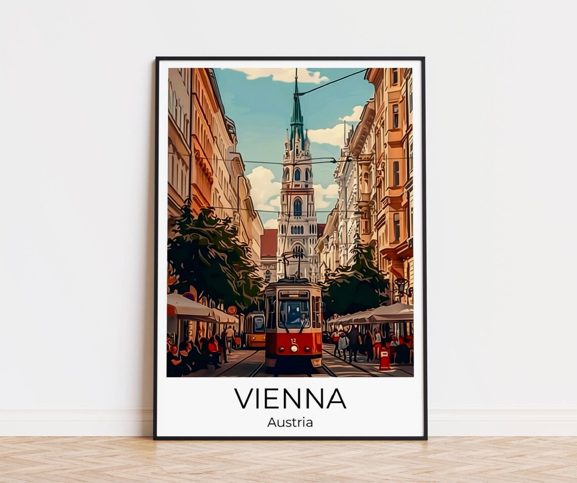 Vienna Austria Vintage Tram Street Church Spire Illustration Poster