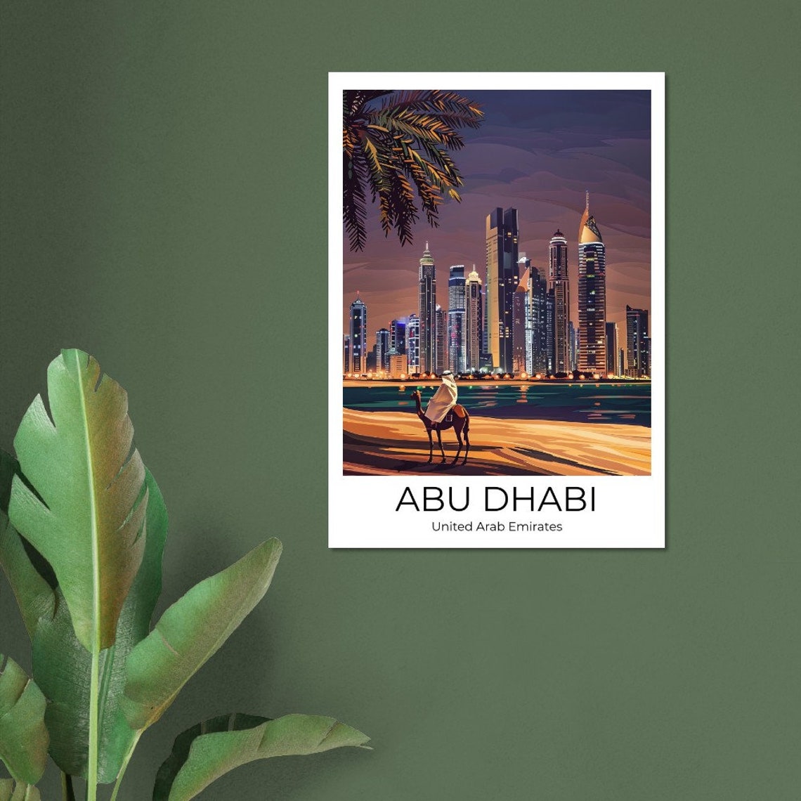 Abu Dhabi Camel Rider on the Beach Sunset Skyline Travel Poster - Image 4