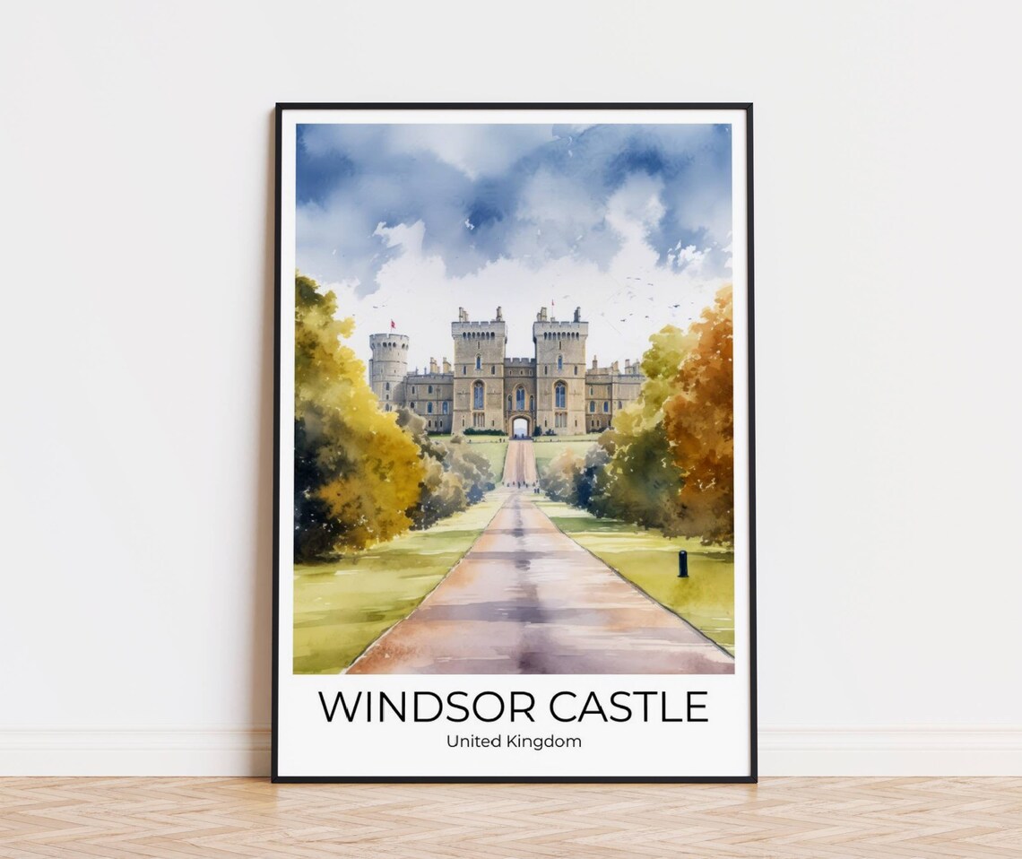 Windsor Castle Long Walk Autumn Trees Watercolor UK Travel Poster
