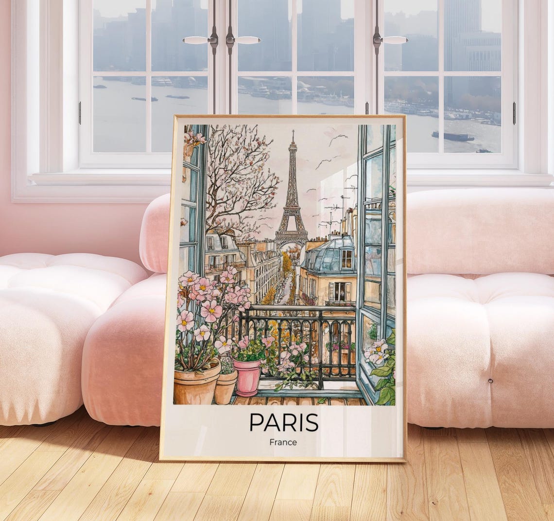 Paris Balcony Blossom Spring Eiffel Tower View Watercolor Poster - Image 5