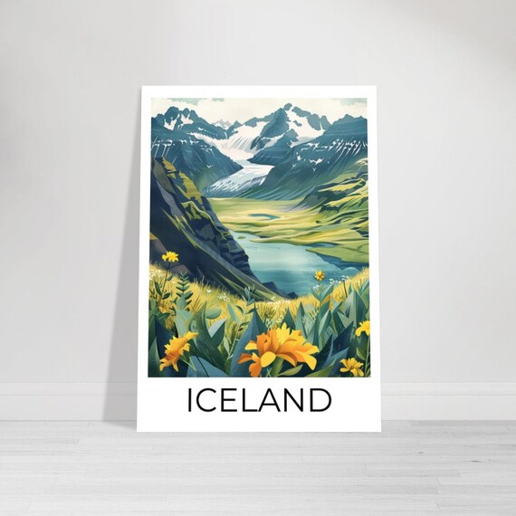 Iceland Spring Glacier Valley Wildflowers Mountain Landscape Poster