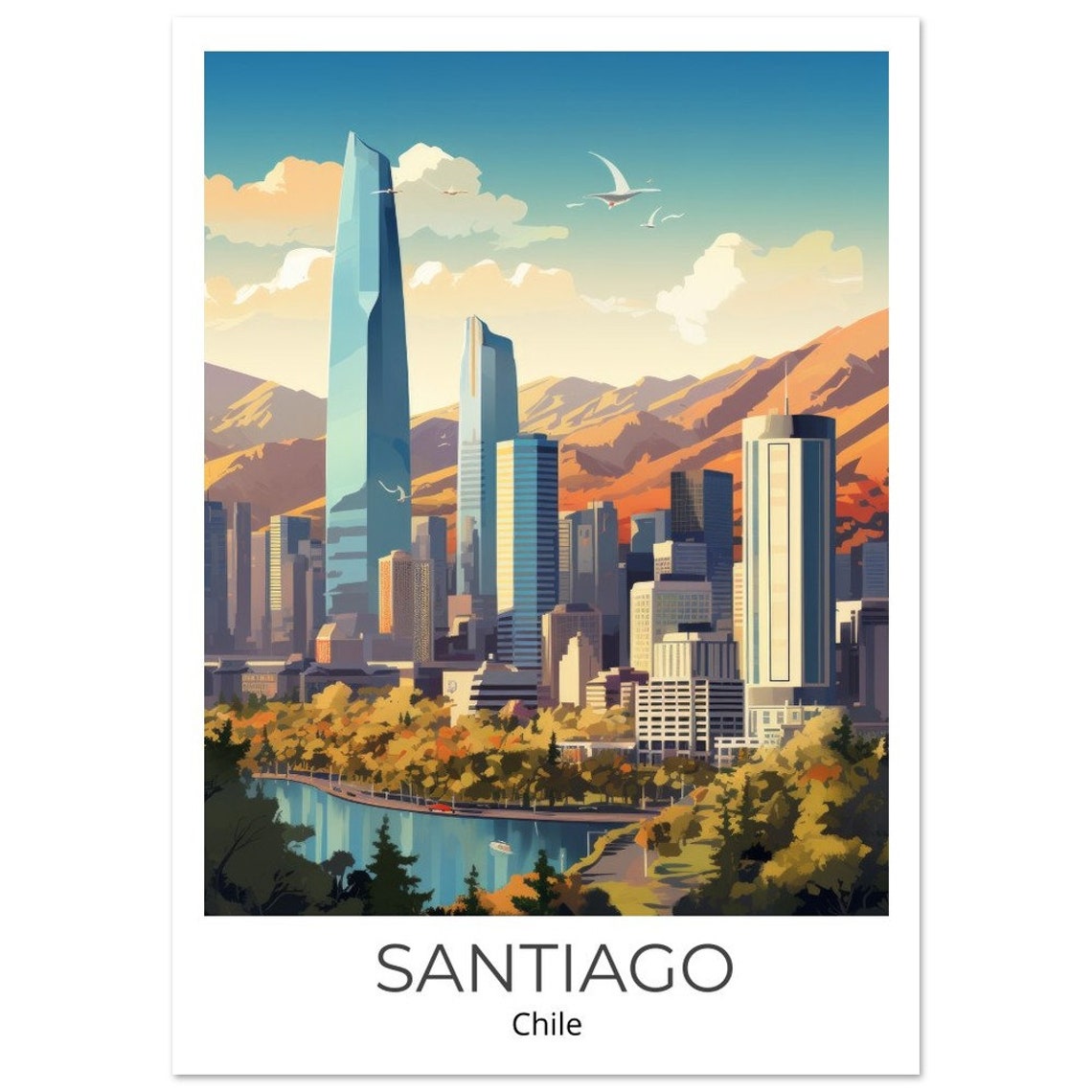 Santiago Chile Skyline Andes Mountains Illustrated Travel Poster - Image 2