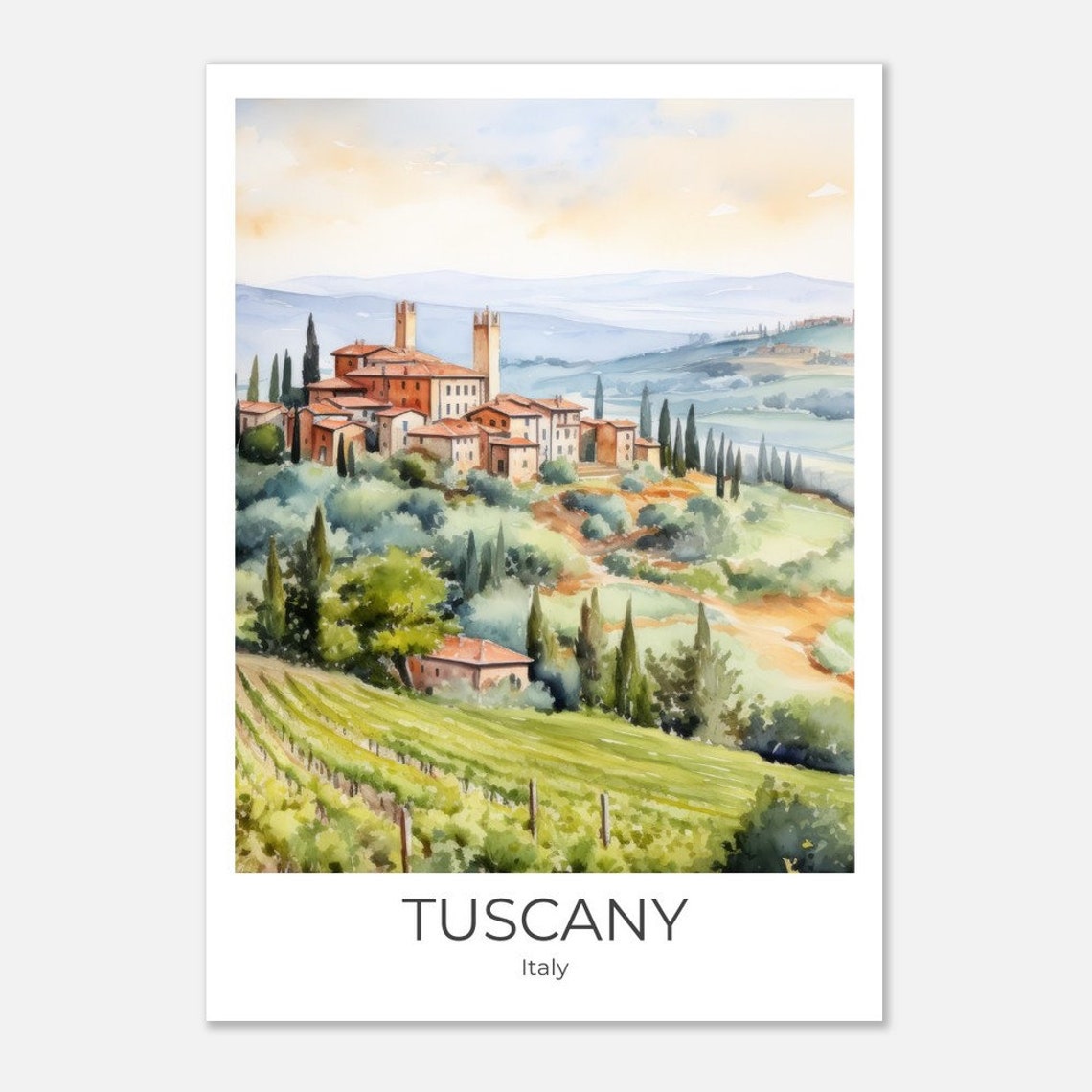 Tuscany Italy Hilltop Village Cypress Vineyards Watercolor Poster - Image 4