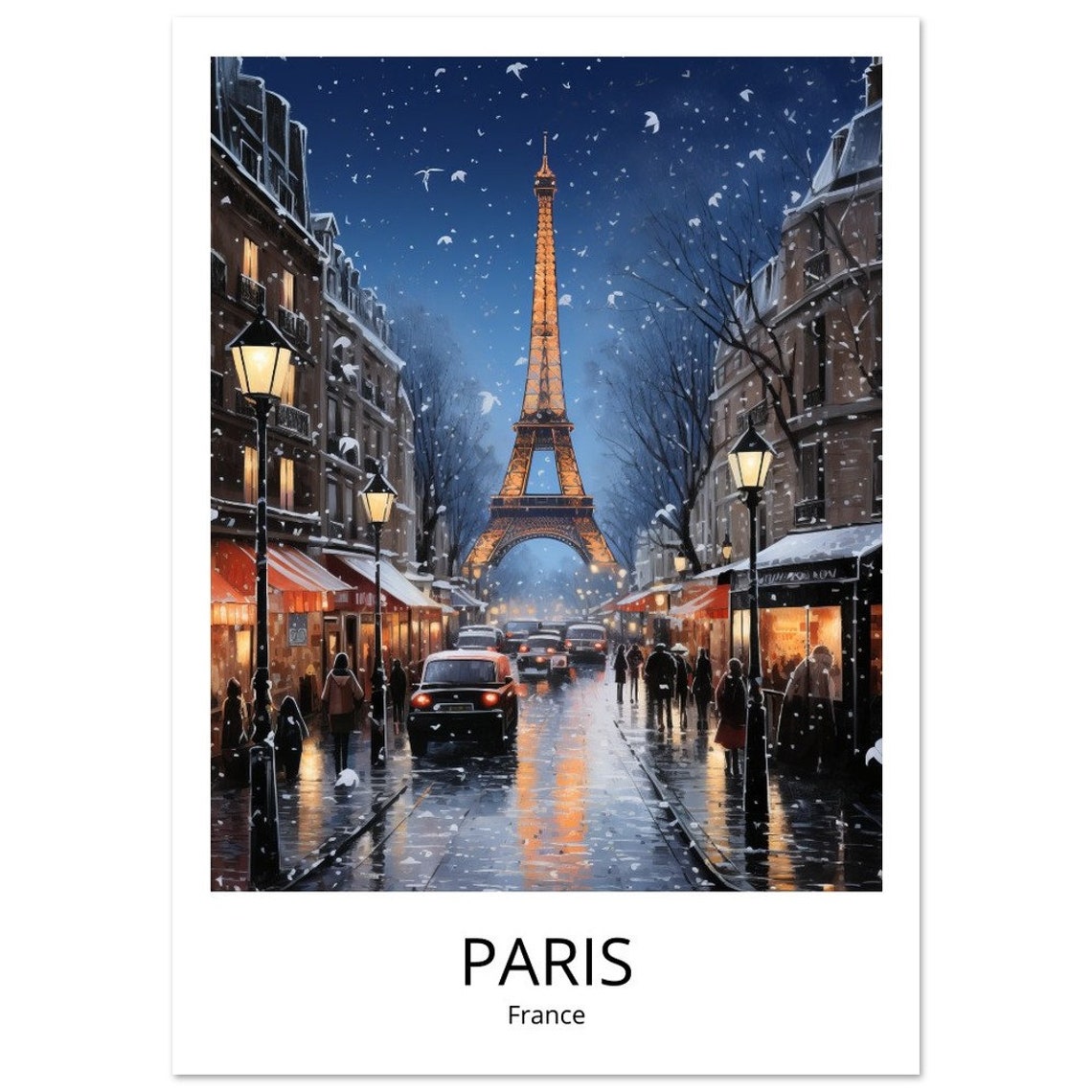 Paris Eiffel Tower Snowy Night Street Lamp Glow Illustration Poster - Image 3